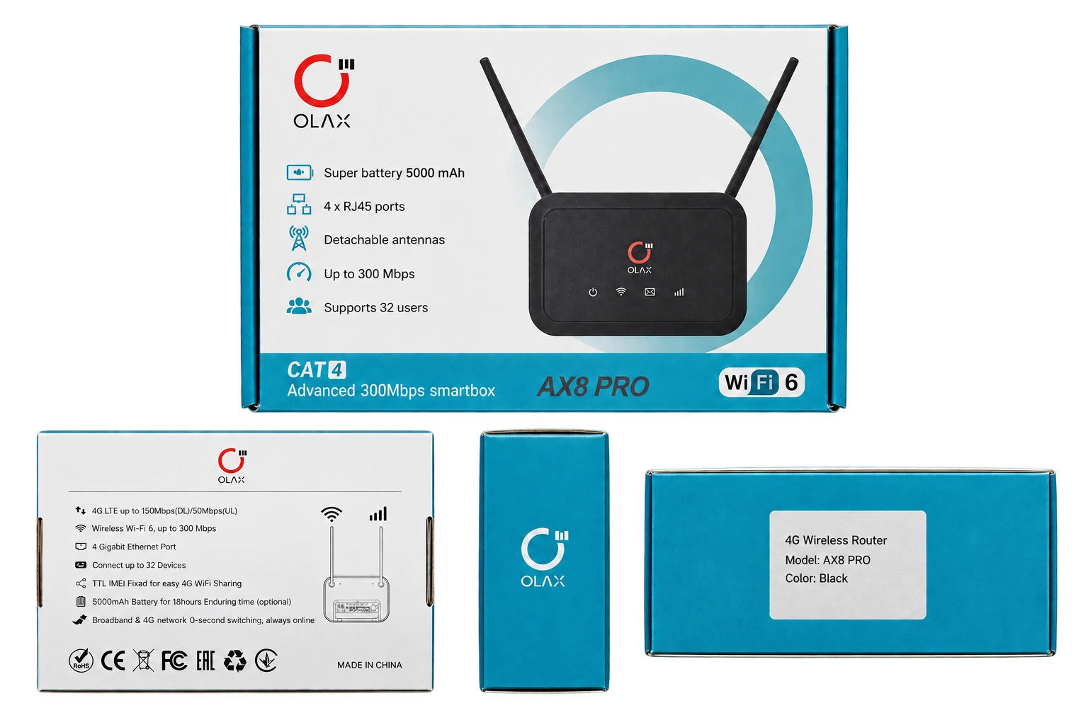 OLAX AX8 PRO 4G LTE Router — studio product views