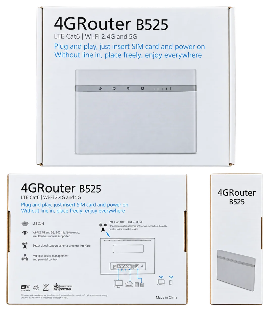 White 4GRouter B525 retail box, front, back and narrow side views, with a white desktop router pictured
