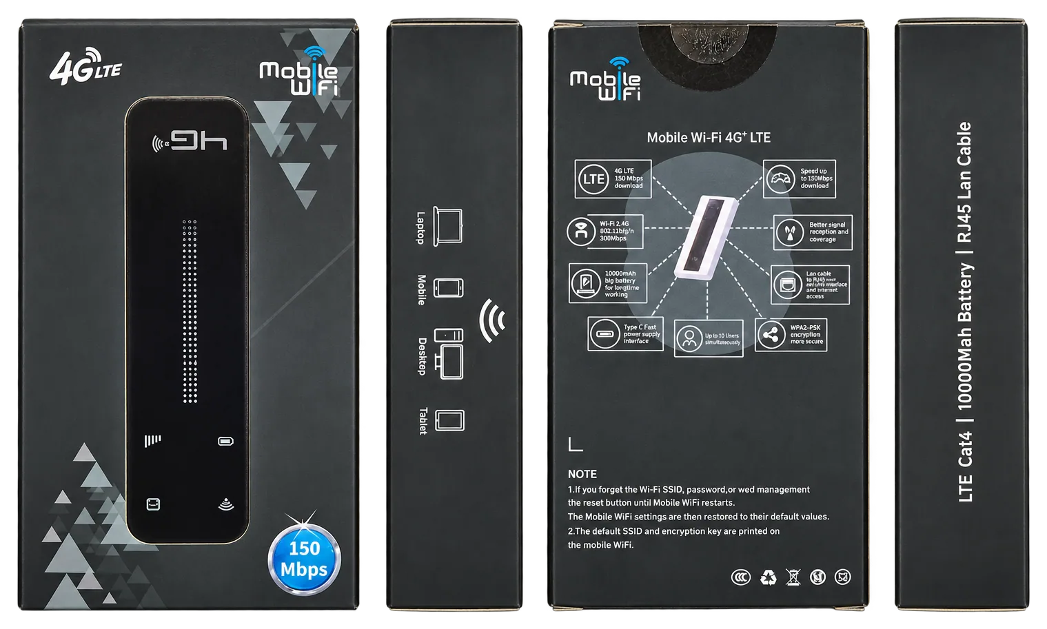 Charcoal 4G LTE Mobile WiFi retail box shown from the front, both sides and back, with a slim black bar-shaped hotspot pictured on the front