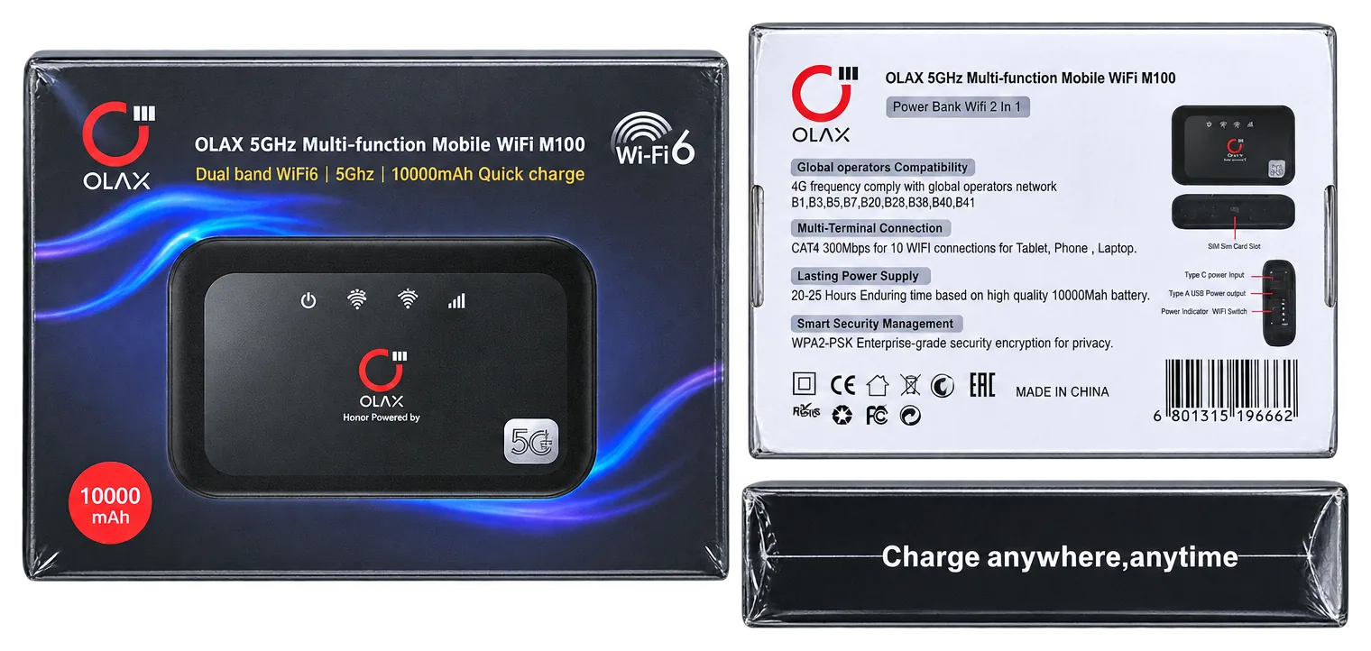 OLAX M100 mobile Wi-Fi retail box: black front, white back panel and black side.