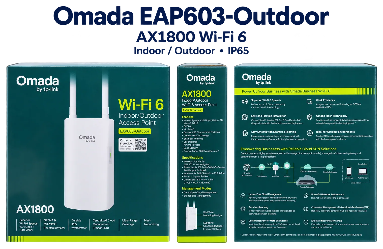 TP-Link Omada EAP603-Outdoor AX1800 Wi-Fi 6 access point retail box shown from the front, side and back, with the white access point and its two antennas pictured on the front