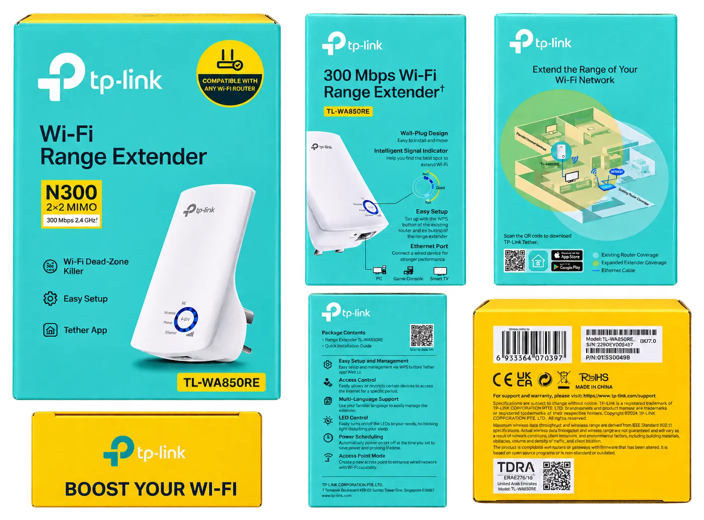 TP-Link TL-WA850RE N300 Wi-Fi range extender retail box: teal front with the white wall-plug extender, three teal side panels and two yellow end panels