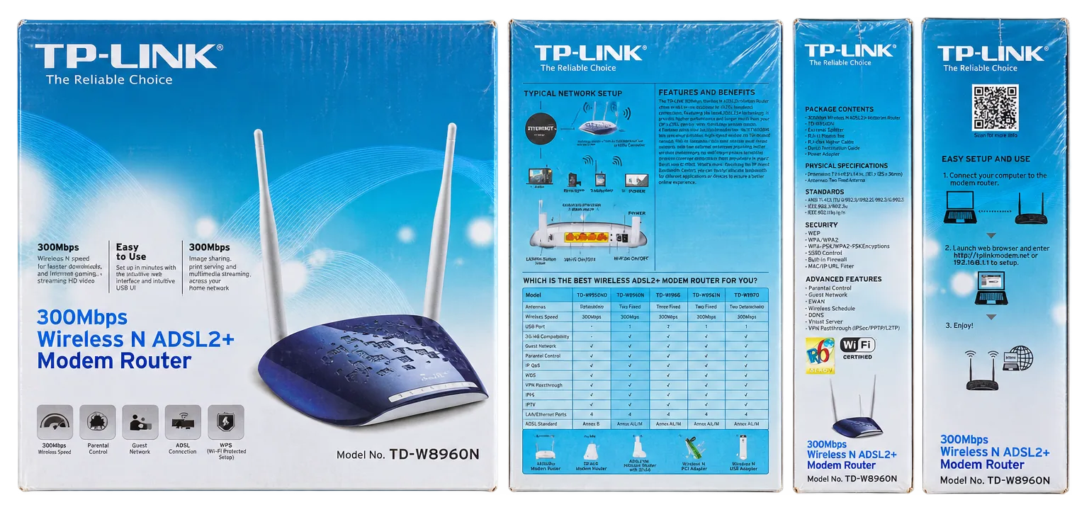 TP-Link TD-W8960N 300 Mbps Wireless N ADSL2+ modem router retail box: blue front with the router and two antennas, the back panel and both side panels
