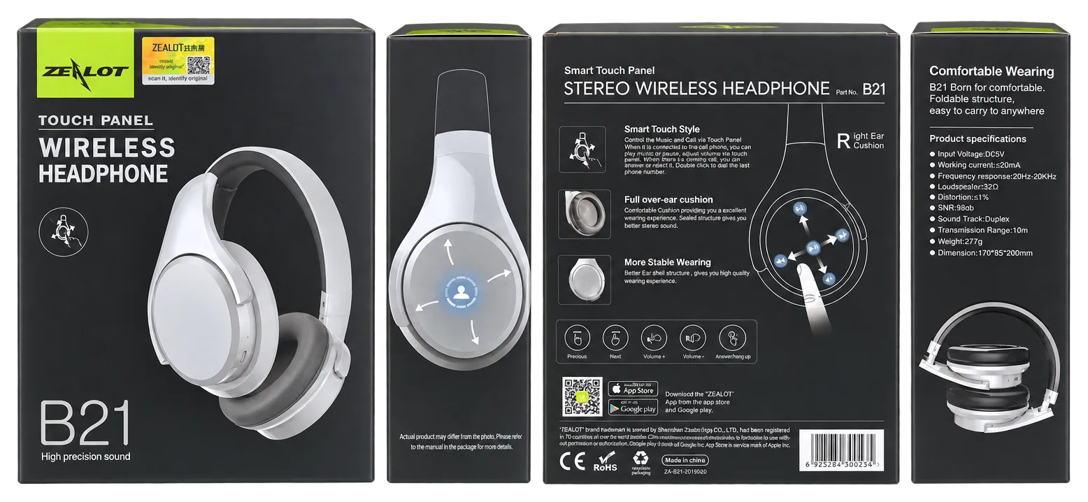 ZEALOT B21 wireless headphone box in black, shown front, side, back and side: silver over-ear headphones, the touch-panel diagram and the specification panel