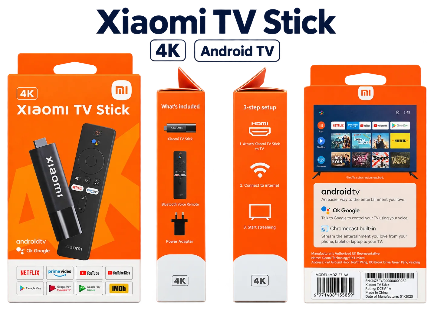 Xiaomi TV Stick 4K retail box in orange under a 'Xiaomi TV Stick, 4K, Android TV' headline, shown front, two sides and back: black streaming stick and voice remote, what's-included panel, 3-step setup